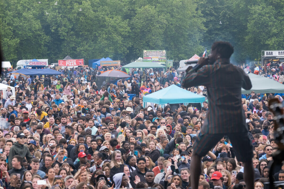 A performer in front of a festival crowd.